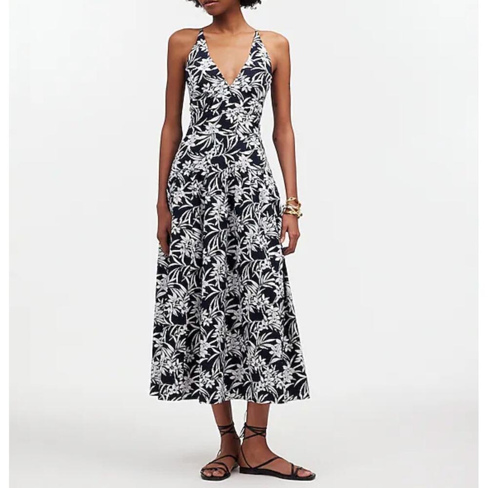 NEW Madewell Smocked Halter Midi Dress Poplin Tropical Print Indigo A Line US 0